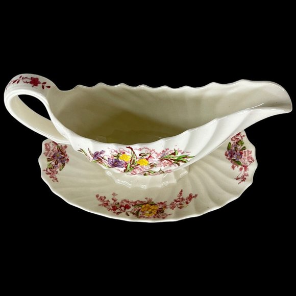 Copeland Spode Fairy Dell Gravy Boat Attached Underplate Made England Pink - Picture 4 of 12